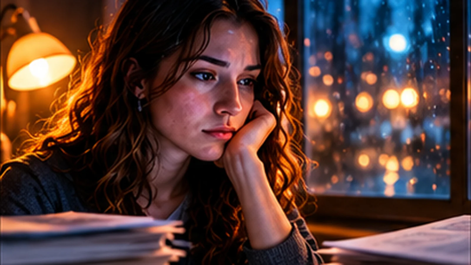 An author illuminated by the screen as she considers her story