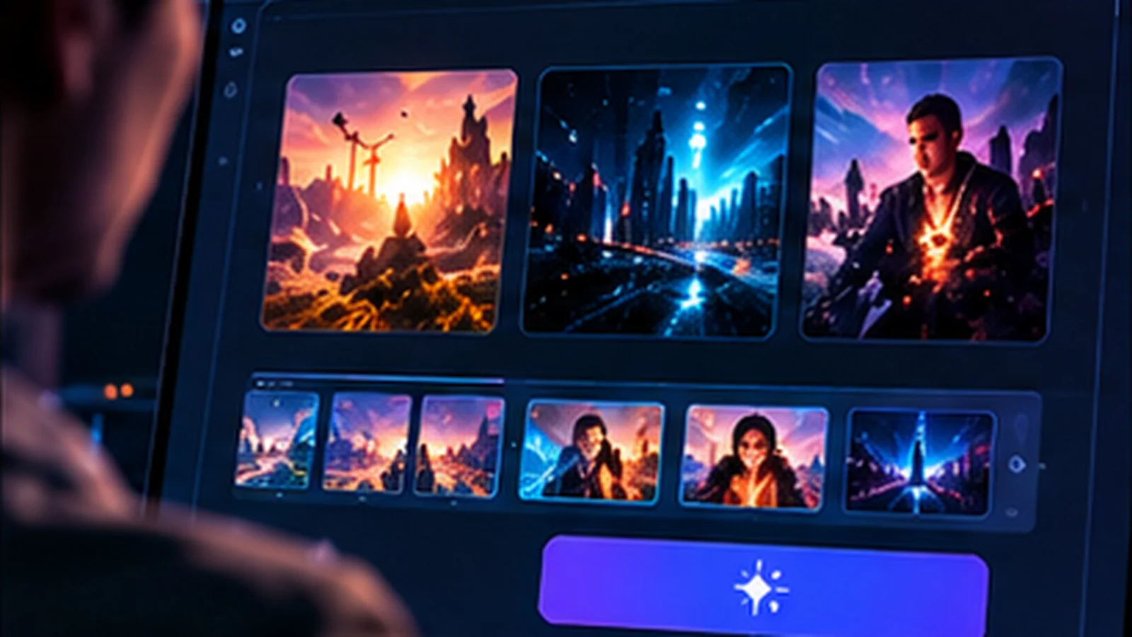 Cinematic story panels on a creative production screen